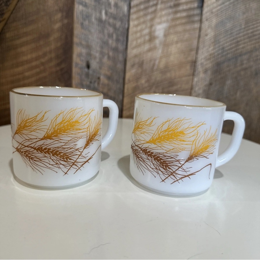 Vintage Federal Glass Wheat Pattern Gold Rim Milk Glass Coffee/Tea Mugs Set Of 2